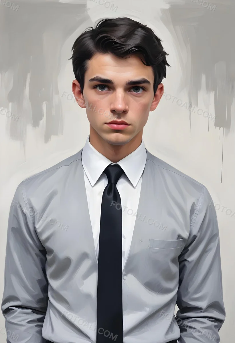 A Young Caucasian Male Approximately 25 Years Old With Short Black Hair Wearing A Gray Suit With A White Dress Shirt And A Black Tie He Has A Serious Expression And Is Standing With His Hands On His Hips Against A Pl 5 A471