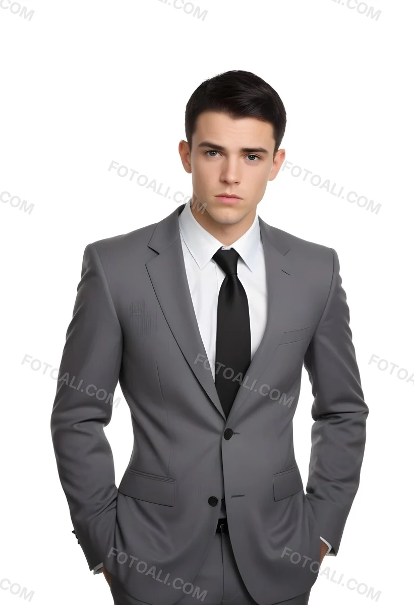 A Young Caucasian Male Approximately 25 Years Old With Short Black Hair Wearing A Gray Suit With A White Dress Shirt And A Black Tie He Has A Serious Expression And Is Standing With His Hands On His Hips Against A Pl 50 07c9