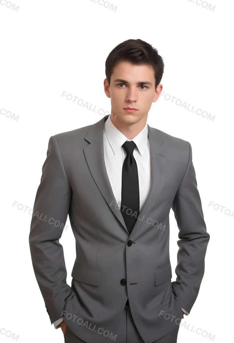 A Young Caucasian Male Approximately 25 Years Old With Short Black Hair Wearing A Gray Suit With A White Dress Shirt And A Black Tie He Has A Serious Expression And Is Standing With His Hands On His Hips Against A Pl 51 6bc2