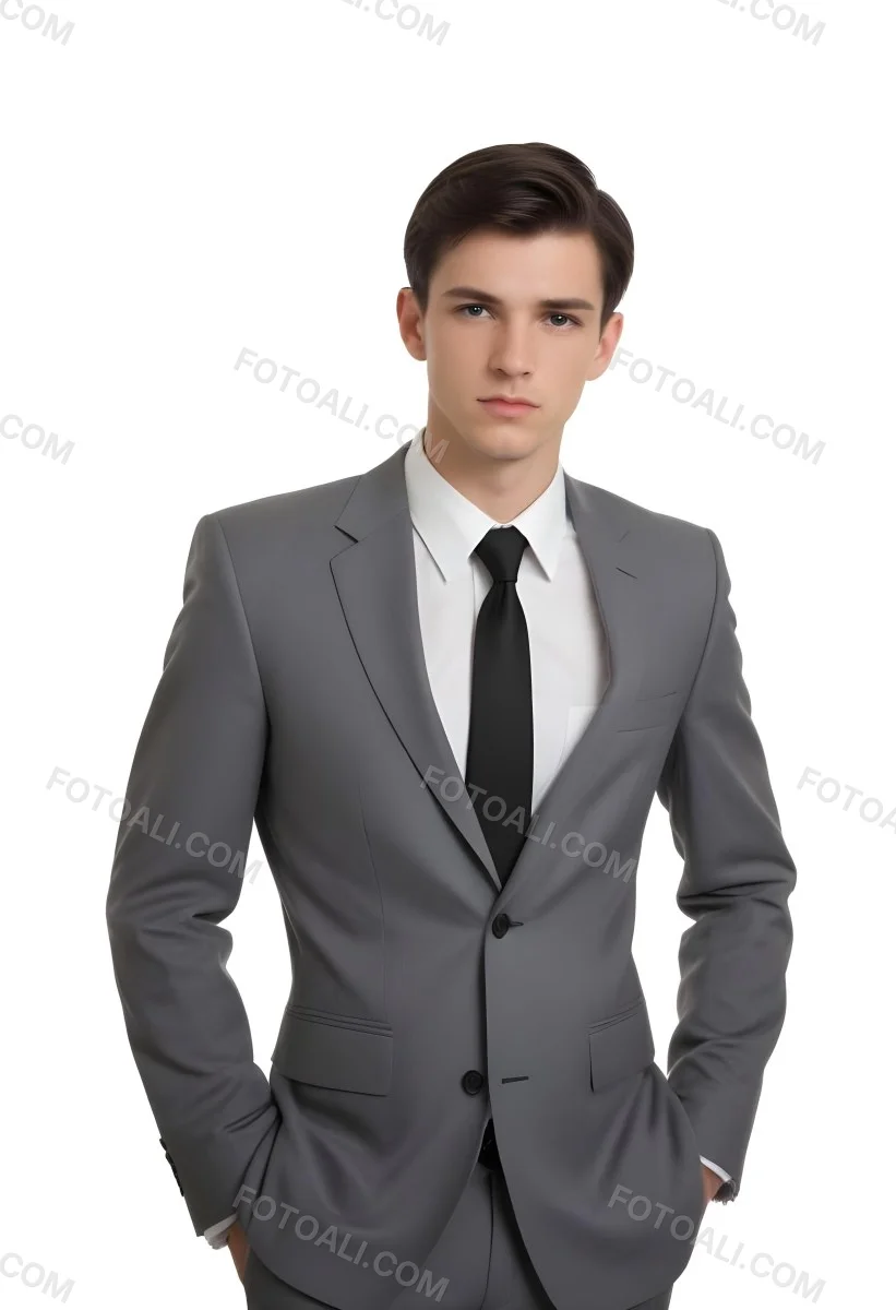 A Young Caucasian Male Approximately 25 Years Old With Short Black Hair Wearing A Gray Suit With A White Dress Shirt And A Black Tie He Has A Serious Expression And Is Standing With His Hands On His Hips Against A Pl 52 Ad4b