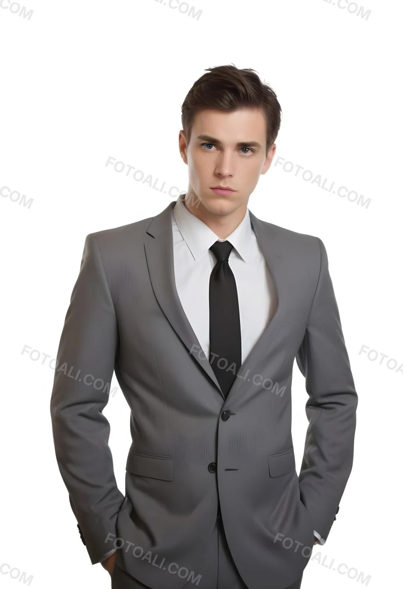 A Young Caucasian Male Approximately 25 Years Old With Short Black Hair Wearing A Gray Suit With A White Dress Shirt And A Black Tie He Has A Serious Expression And Is Standing With His Hands On His Hips Against A Pl 53 Aa71