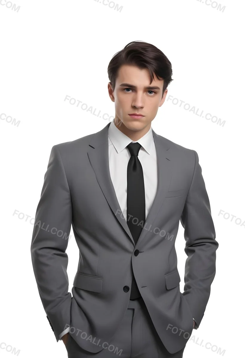A Young Caucasian Male Approximately 25 Years Old With Short Black Hair Wearing A Gray Suit With A White Dress Shirt And A Black Tie He Has A Serious Expression And Is Standing With His Hands On His Hips Against A Pl 54 3cad