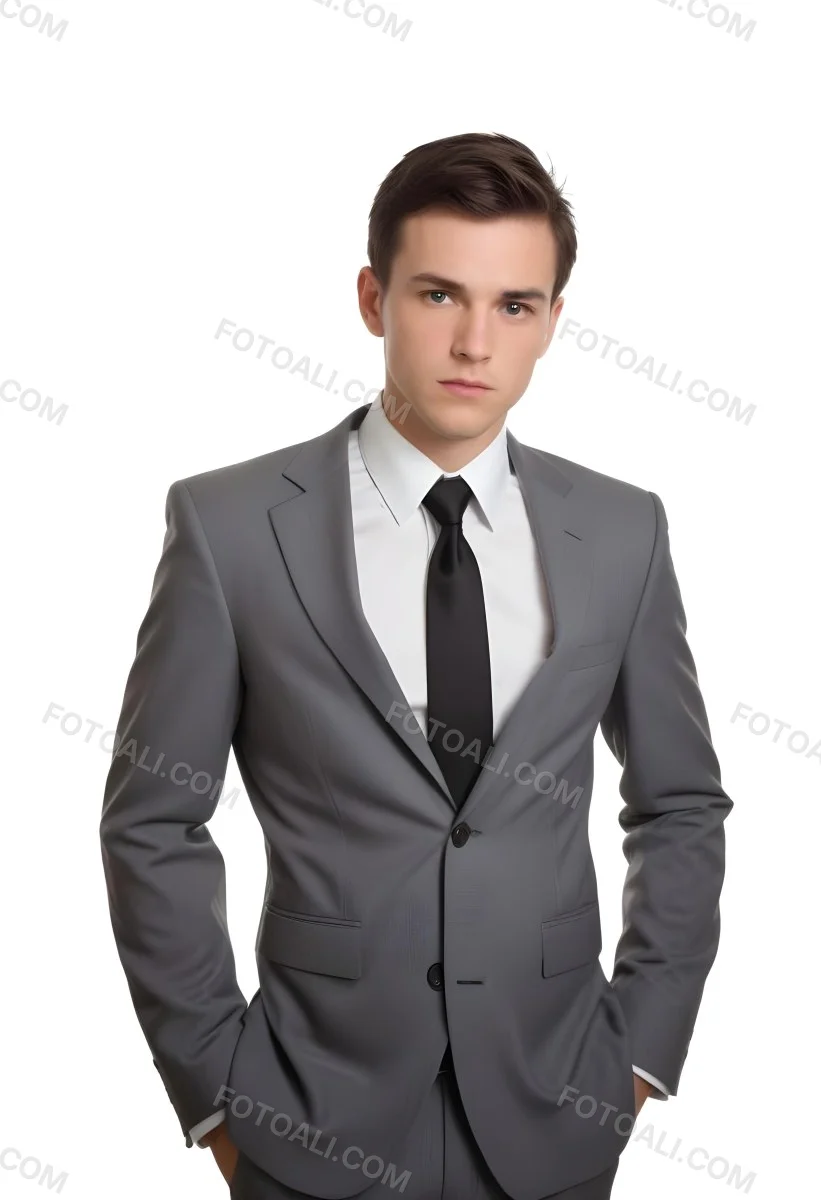 A Young Caucasian Male Approximately 25 Years Old With Short Black Hair Wearing A Gray Suit With A White Dress Shirt And A Black Tie He Has A Serious Expression And Is Standing With His Hands On His Hips Against A Pl 55 Ed6c