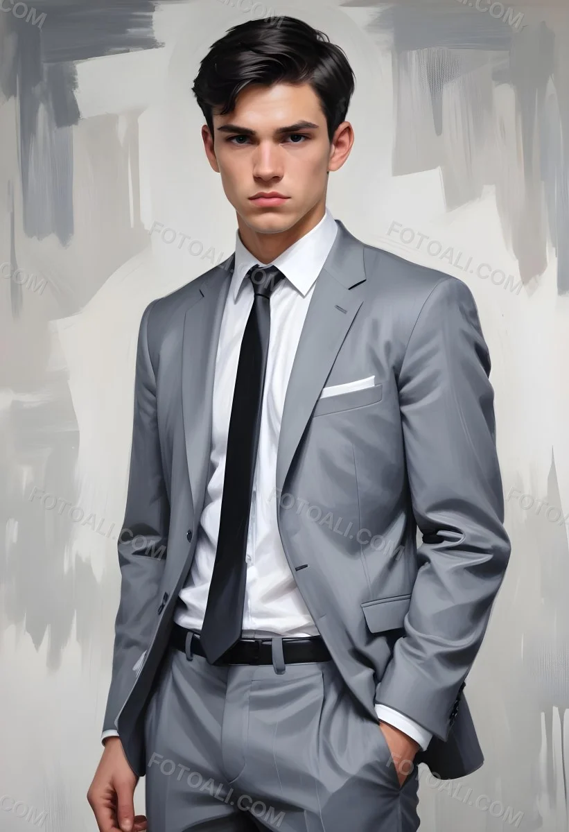 A Young Caucasian Male Approximately 25 Years Old With Short Black Hair Wearing A Gray Suit With A White Dress Shirt And A Black Tie He Has A Serious Expression And Is Standing With His Hands On His Hips Against A Pl 6 F684