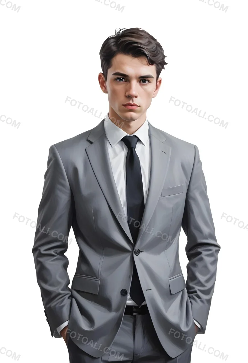 A Young Caucasian Male Approximately 25 Years Old With Short Black Hair Wearing A Gray Suit With A White Dress Shirt And A Black Tie He Has A Serious Expression And Is Standing With His Hands On His Hips Against A Pl 7 C049