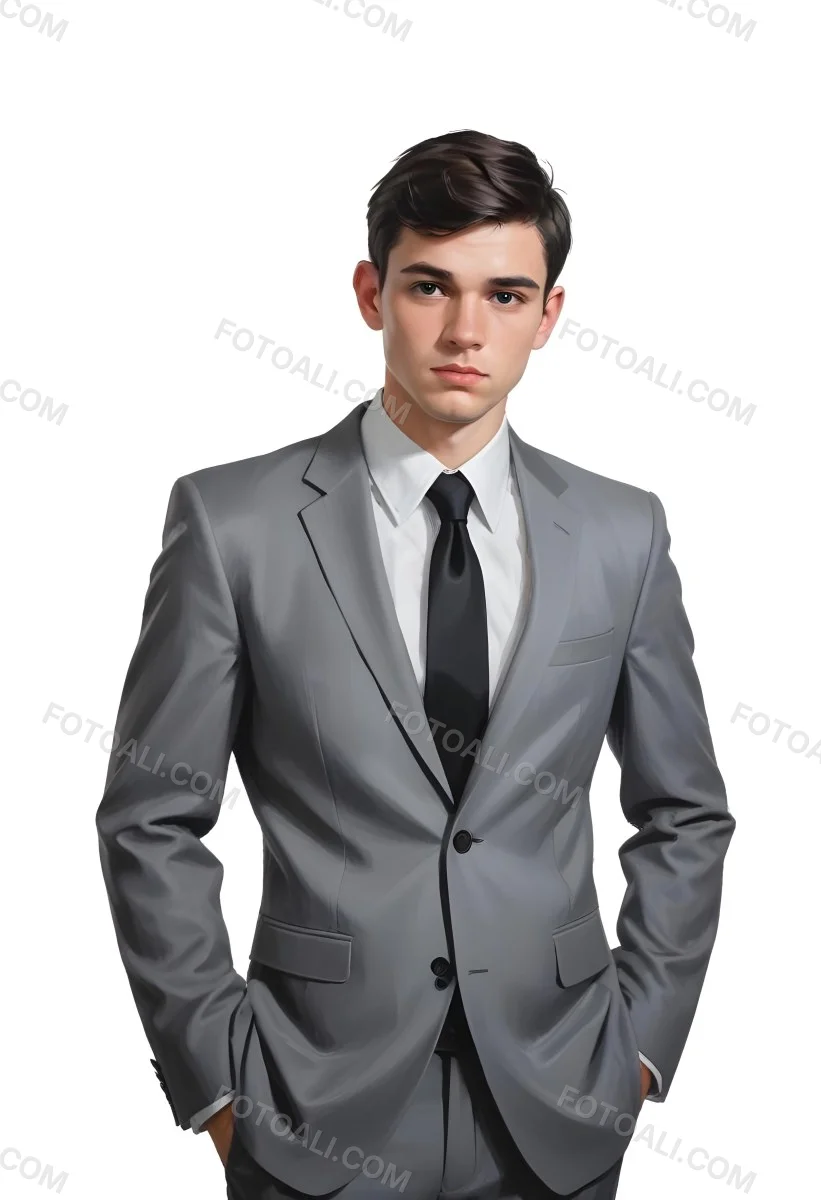 A Young Caucasian Male Approximately 25 Years Old With Short Black Hair Wearing A Gray Suit With A White Dress Shirt And A Black Tie He Has A Serious Expression And Is Standing With His Hands On His Hips Against A Pl 8 8f0b