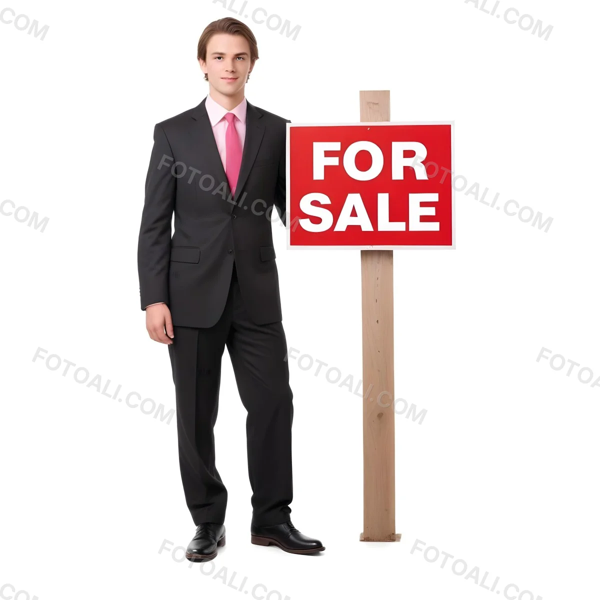 A Young Caucasian Man In A Dark Suit And Light Pink Tie Standing Next To A Large Red For Sale Sign On A Wooden Post The Background Is Plain White 1 C15d