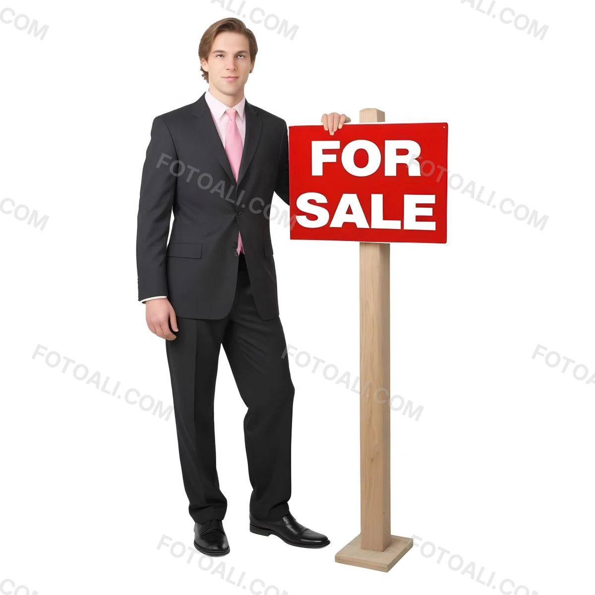 A Young Caucasian Man In A Dark Suit And Light Pink Tie Standing Next To A Large Red For Sale Sign On A Wooden Post The Background Is Plain White 3 95ee