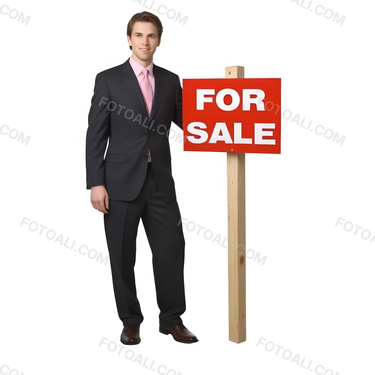 A Young Caucasian Man In A Dark Suit And Light Pink Tie Standing Next To A Large Red For Sale Sign On A Wooden Post The Background Is Plain White 4 Bf51