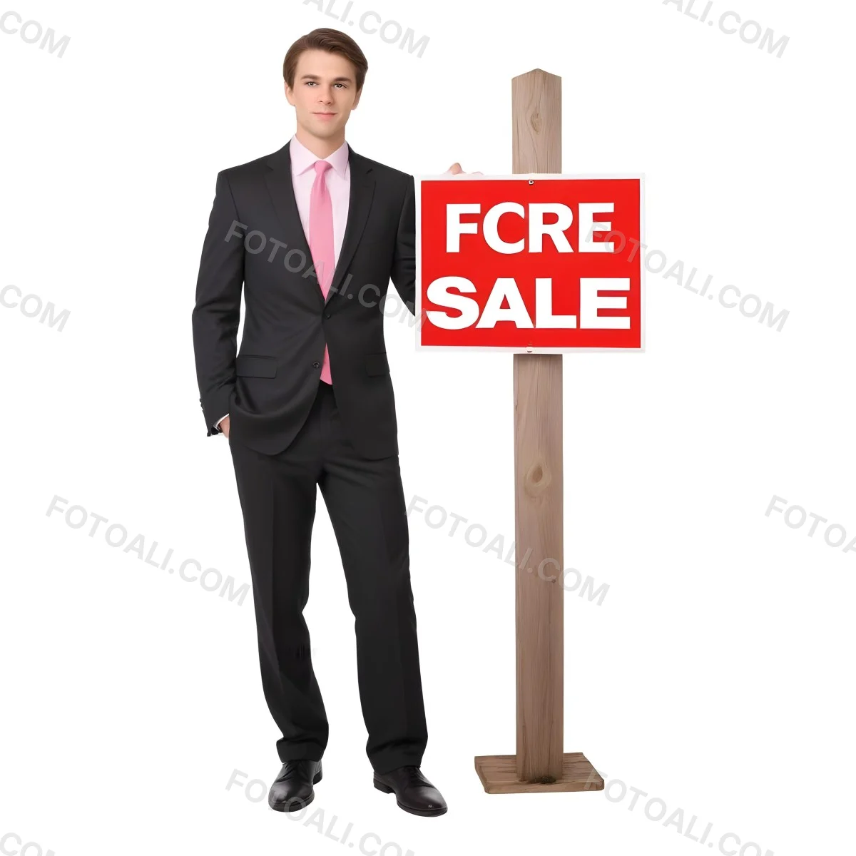 A Young Caucasian Man In A Dark Suit And Light Pink Tie Standing Next To A Large Red For Sale Sign On A Wooden Post The Background Is Plain White 6 784d