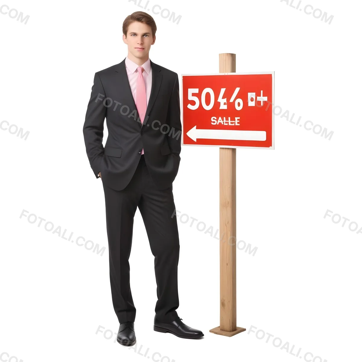 A Young Caucasian Man In A Dark Suit And Light Pink Tie Standing Next To A Large Red For Sale Sign On A Wooden Post The Background Is Plain White 9 9e1b
