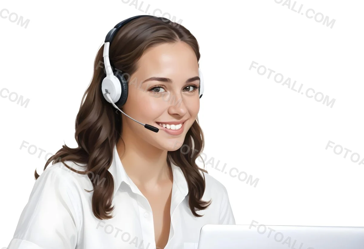A Young Caucasian Woman Approximately 25 Years Old With Long Wavy Brown Hair Wearing A White Shirt And A Headset With A Microphone She Is Smiling And Looking Directly At The Camera With A Laptop Visible In The Foreg 10 3546