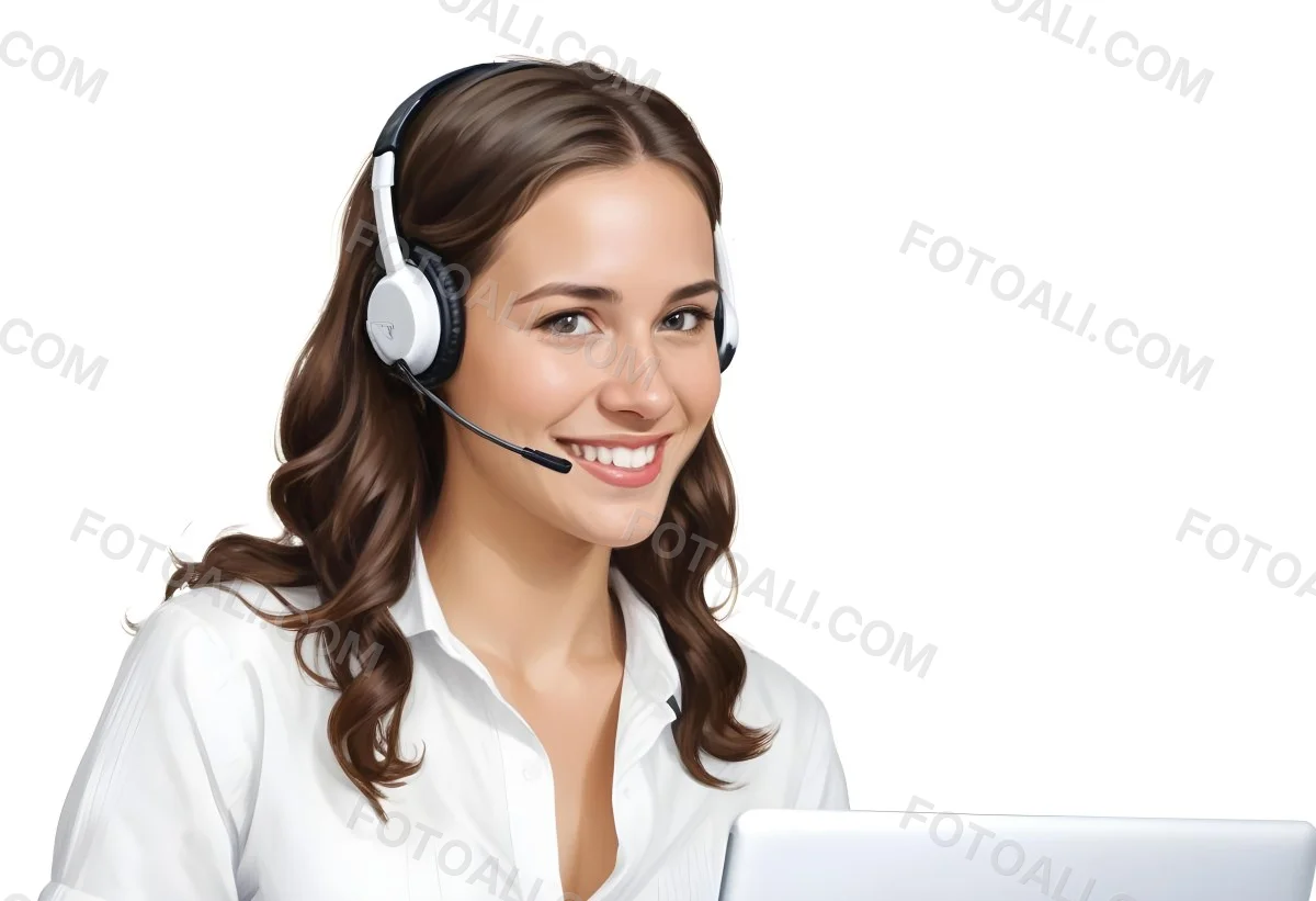 A Young Caucasian Woman Approximately 25 Years Old With Long Wavy Brown Hair Wearing A White Shirt And A Headset With A Microphone She Is Smiling And Looking Directly At The Camera With A Laptop Visible In The Foreg 13 D4ef
