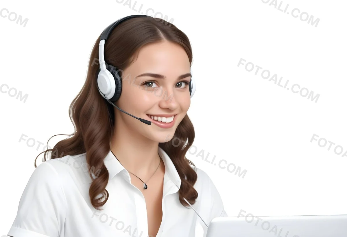 A Young Caucasian Woman Approximately 25 Years Old With Long Wavy Brown Hair Wearing A White Shirt And A Headset With A Microphone She Is Smiling And Looking Directly At The Camera With A Laptop Visible In The Foreg 26 Fb48