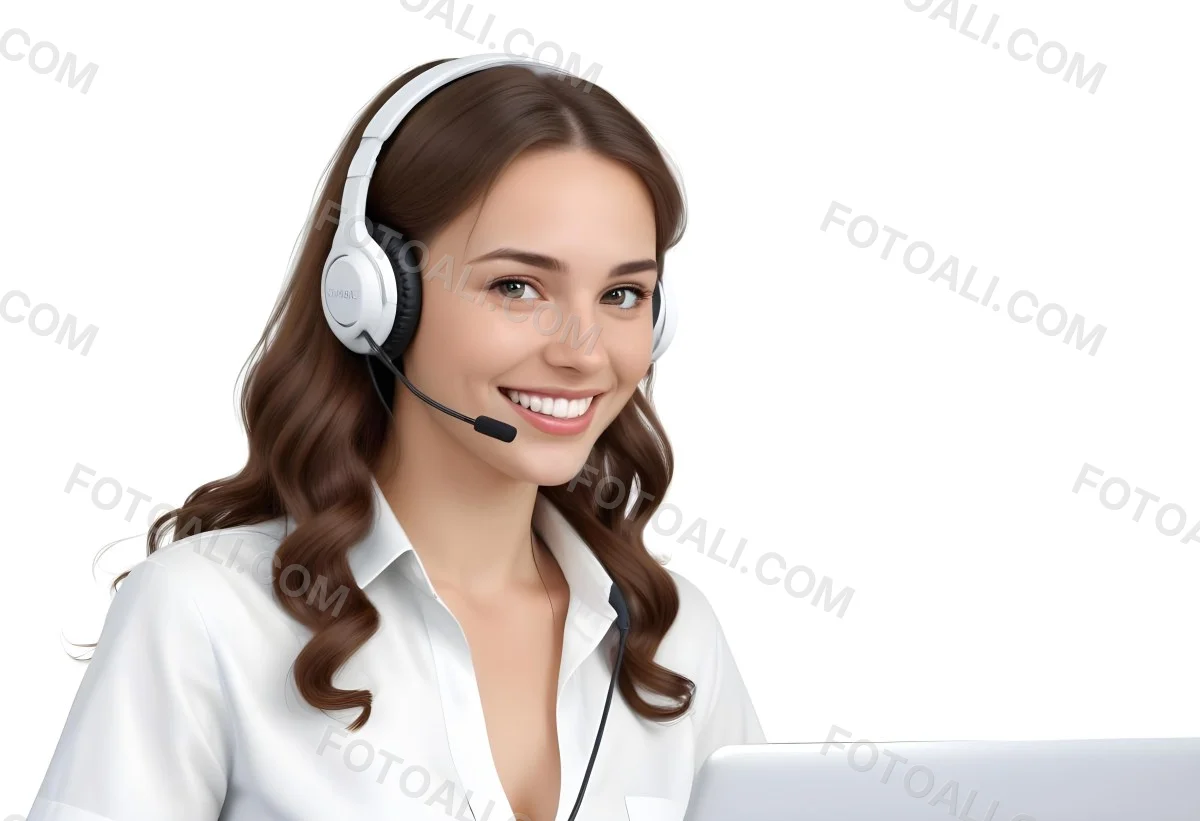A Young Caucasian Woman Approximately 25 Years Old With Long Wavy Brown Hair Wearing A White Shirt And A Headset With A Microphone She Is Smiling And Looking Directly At The Camera With A Laptop Visible In The Foreg 27 5391