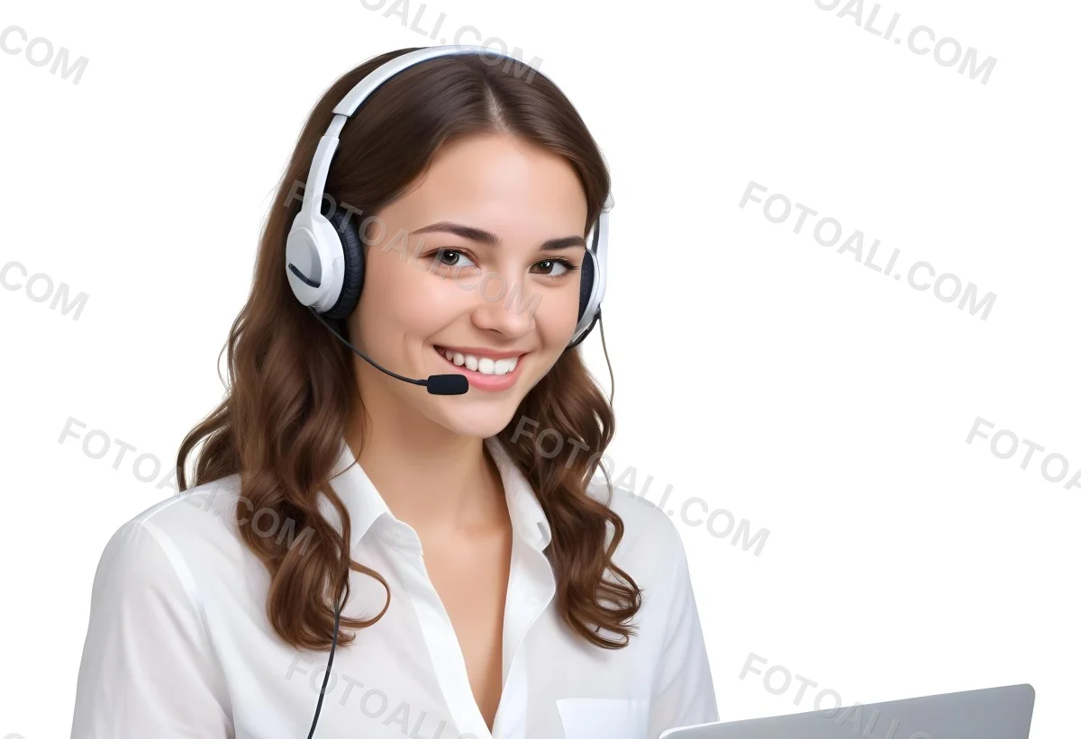 A Young Caucasian Woman Approximately 25 Years Old With Long Wavy Brown Hair Wearing A White Shirt And A Headset With A Microphone She Is Smiling And Looking Directly At The Camera With A Laptop Visible In The Foreg 31 9417
