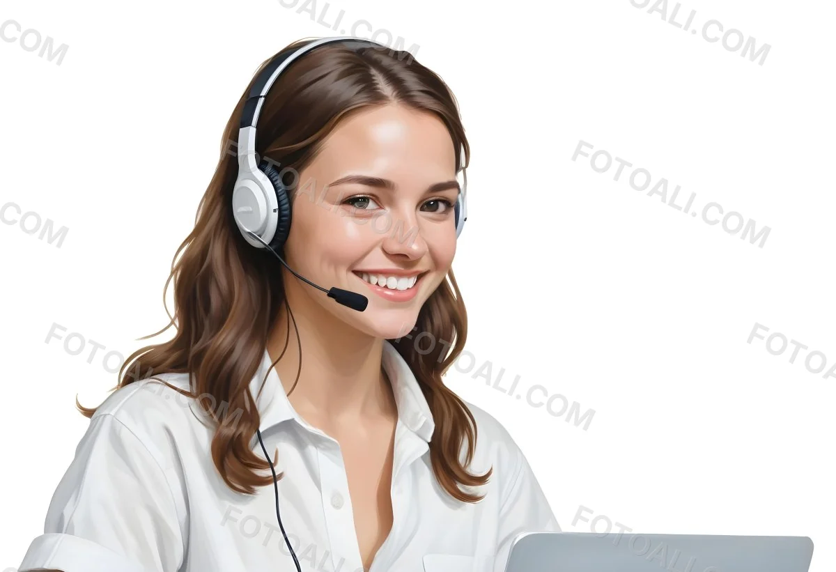 A Young Caucasian Woman Approximately 25 Years Old With Long Wavy Brown Hair Wearing A White Shirt And A Headset With A Microphone She Is Smiling And Looking Directly At The Camera With A Laptop Visible In The Foreg 4 1926