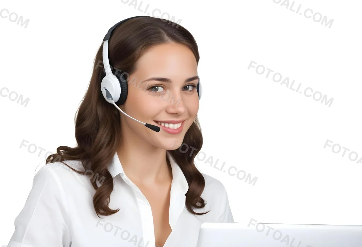 A Young Caucasian Woman Approximately 25 Years Old With Long Wavy Brown Hair Wearing A White Shirt And A Headset With A Microphone She Is Smiling And Looking Directly At The Camera With A Laptop Visible In The Foreg 41 4a32