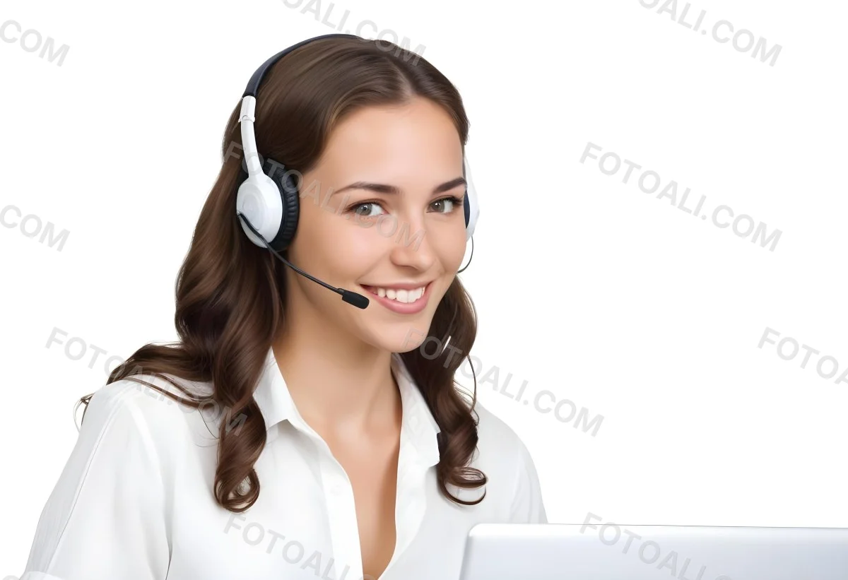 A Young Caucasian Woman Approximately 25 Years Old With Long Wavy Brown Hair Wearing A White Shirt And A Headset With A Microphone She Is Smiling And Looking Directly At The Camera With A Laptop Visible In The Foreg 42 1613