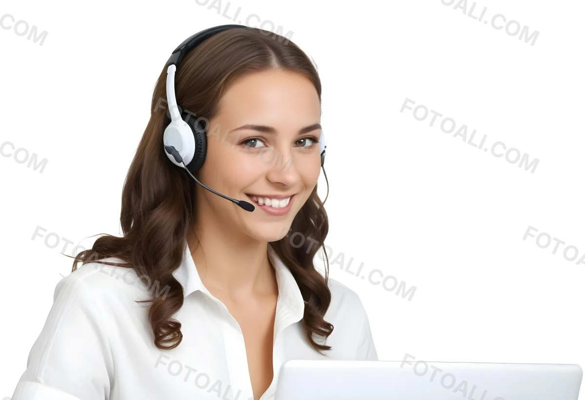 A Young Caucasian Woman Approximately 25 Years Old With Long Wavy Brown Hair Wearing A White Shirt And A Headset With A Microphone She Is Smiling And Looking Directly At The Camera With A Laptop Visible In The Foreg 43 6286