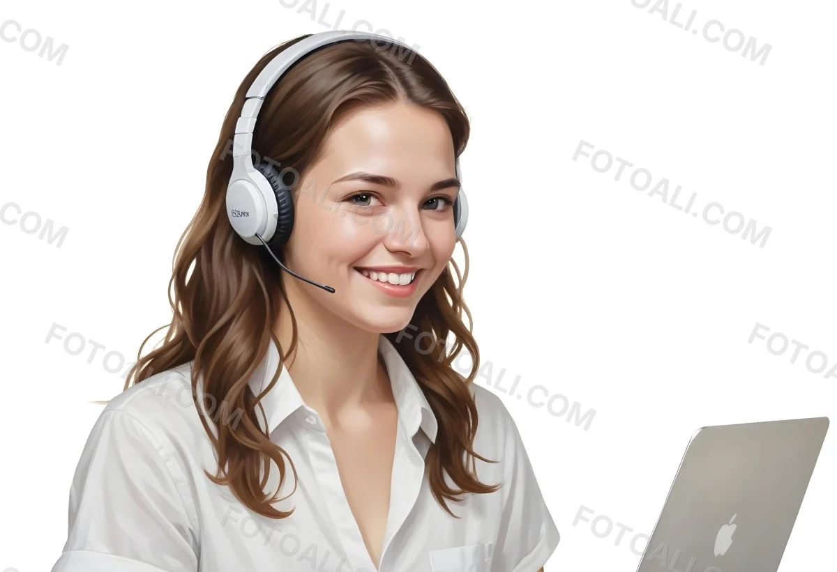 A Young Caucasian Woman Approximately 25 Years Old With Long Wavy Brown Hair Wearing A White Shirt And A Headset With A Microphone She Is Smiling And Looking Directly At The Camera With A Laptop Visible In The Foreg 6 8970