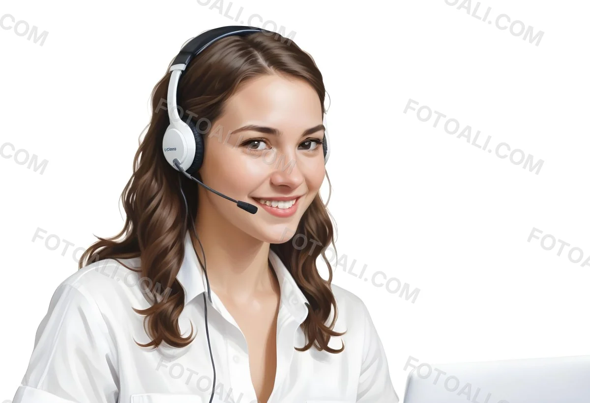 A Young Caucasian Woman Approximately 25 Years Old With Long Wavy Brown Hair Wearing A White Shirt And A Headset With A Microphone She Is Smiling And Looking Directly At The Camera With A Laptop Visible In The Foreg 8 415d