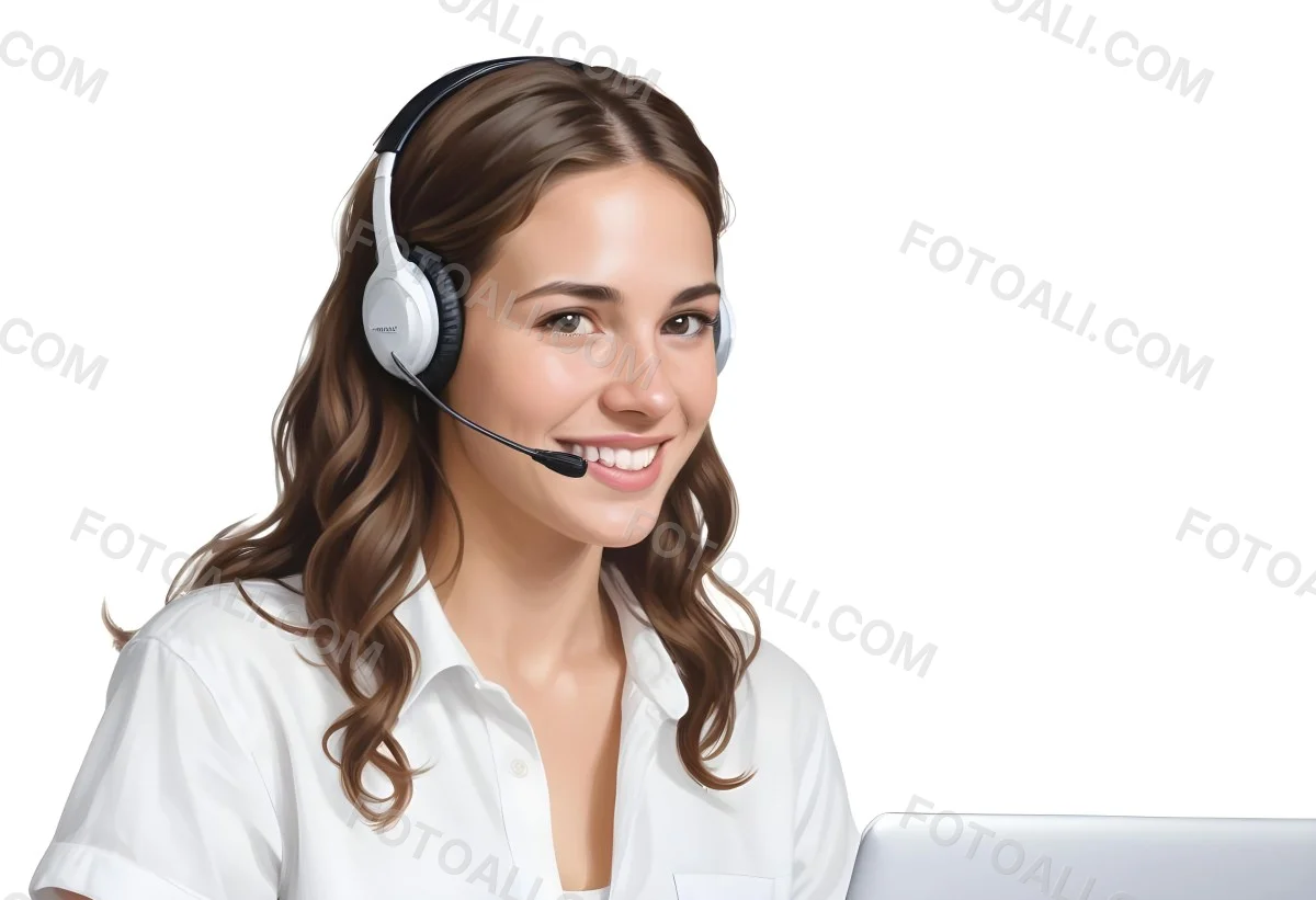 A Young Caucasian Woman Approximately 25 Years Old With Long Wavy Brown Hair Wearing A White Shirt And A Headset With A Microphone She Is Smiling And Looking Directly At The Camera With A Laptop Visible In The Foreg 9 9ff3