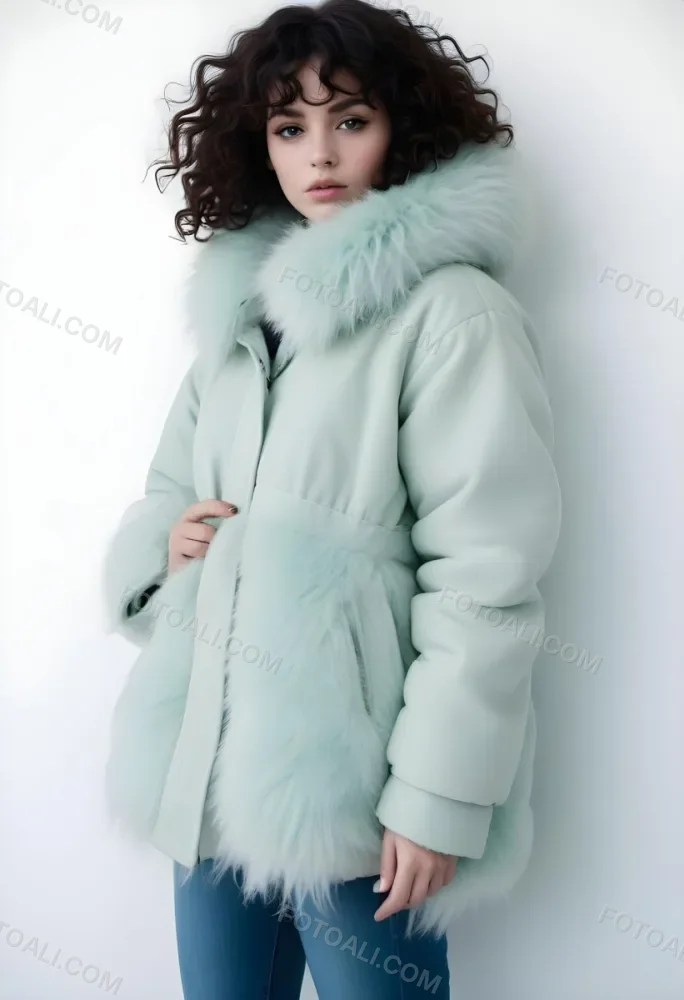 A Young Caucasian Woman With Curly Dark Hair Wearing A Mint Green Puffy Winter Coat With A Large Fur Collar 1 E43a
