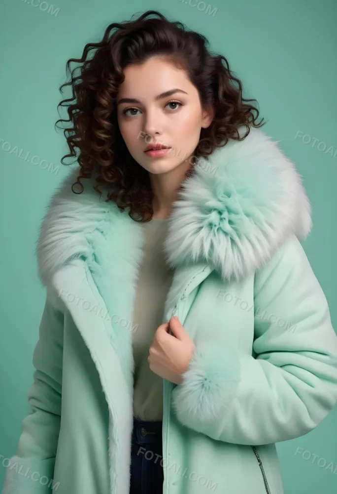 A Young Caucasian Woman With Curly Dark Hair Wearing A Mint Green Puffy Winter Coat With A Large Fur Collar 26 23a1