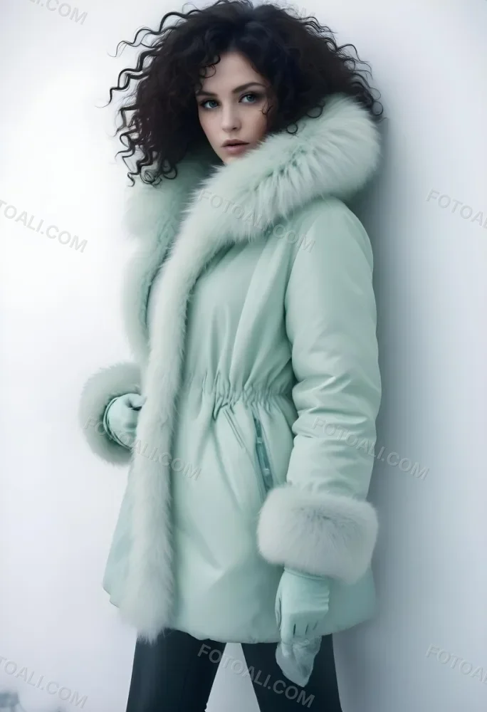 A Young Caucasian Woman With Curly Dark Hair Wearing A Mint Green Puffy Winter Coat With A Large Fur Collar 3 7560