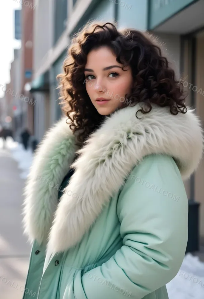 A Young Caucasian Woman With Curly Dark Hair Wearing A Mint Green Puffy Winter Coat With A Large Fur Collar 30 A257