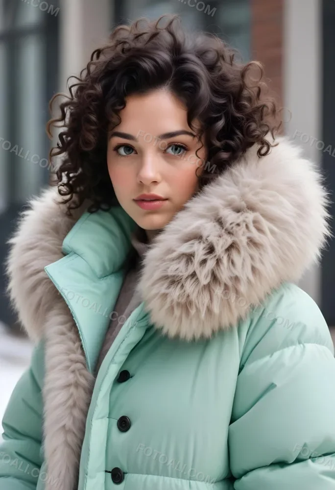 A Young Caucasian Woman With Curly Dark Hair Wearing A Mint Green Puffy Winter Coat With A Large Fur Collar 31 E144
