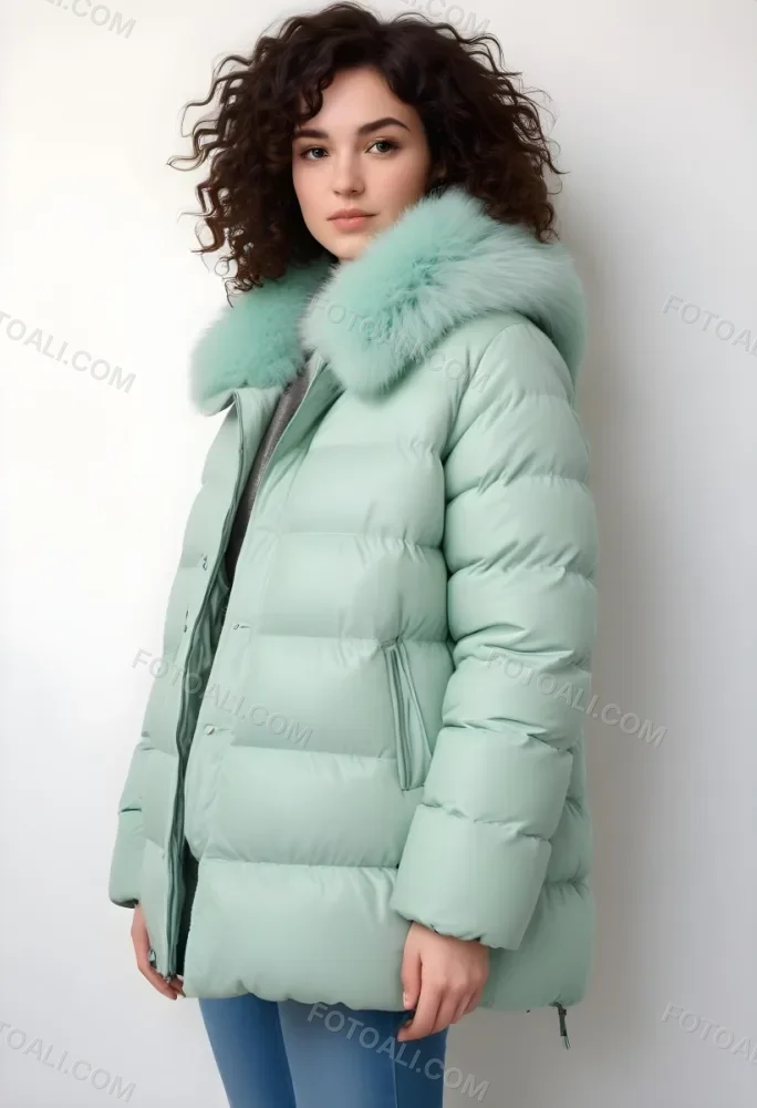 A Young Caucasian Woman With Curly Dark Hair Wearing A Mint Green Puffy Winter Coat With A Large Fur Collar 34 7937