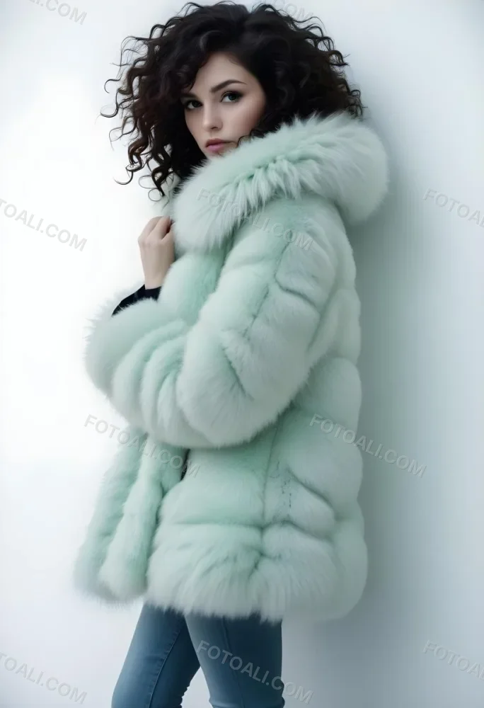 A Young Caucasian Woman With Curly Dark Hair Wearing A Mint Green Puffy Winter Coat With A Large Fur Collar 4 7814