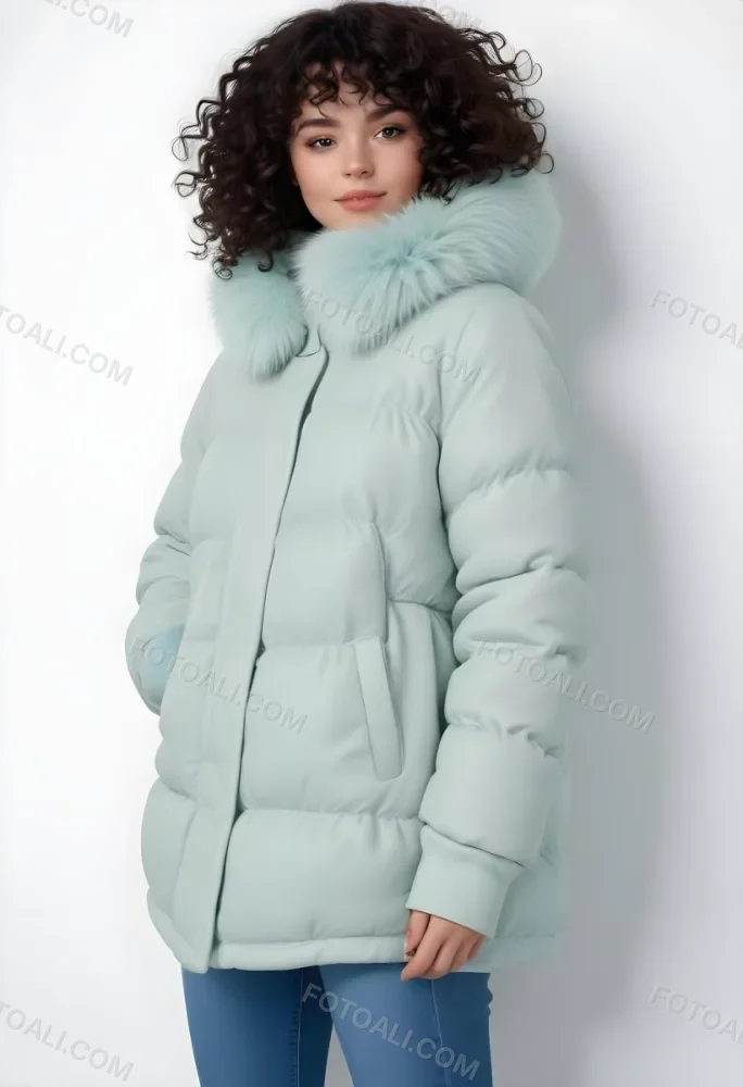 A Young Caucasian Woman With Curly Dark Hair Wearing A Mint Green Puffy Winter Coat With A Large Fur Collar 7 8cc5