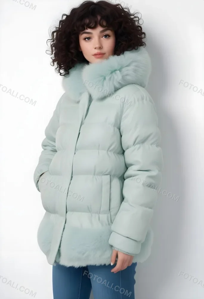 A Young Caucasian Woman With Curly Dark Hair Wearing A Mint Green Puffy Winter Coat With A Large Fur Collar 8 8bd8