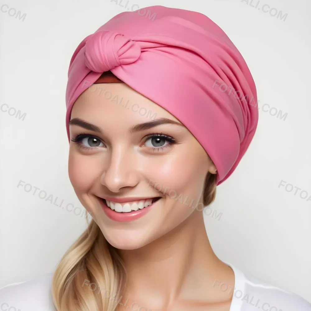 A Young Caucasian Woman With Long Blonde Hair Wearing A Pink Turban Style Headwrap Smiling At The Camera 5 E752