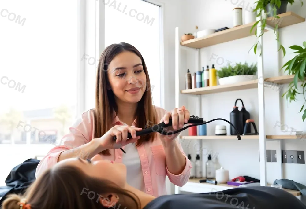 A Young Caucasian Woman With Long Brown Hair In A Pink Shirt Styling The Hair Of A Young Girl With Short Brown Hair In A Salon Setting 1 38de