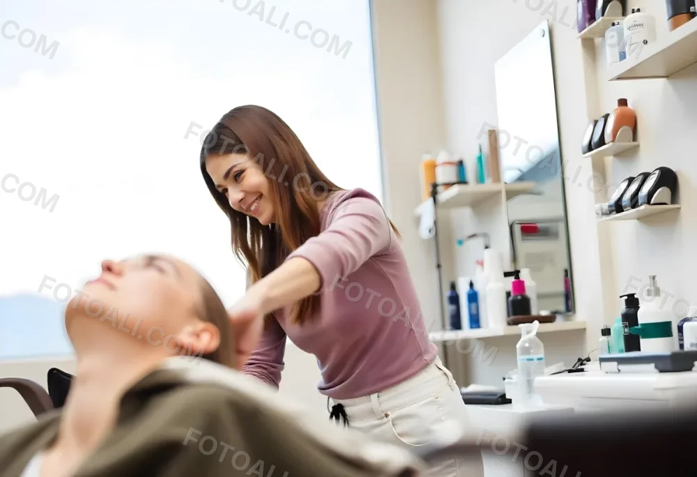 A Young Caucasian Woman With Long Brown Hair In A Pink Shirt Styling The Hair Of A Young Girl With Short Brown Hair In A Salon Setting 3 3836