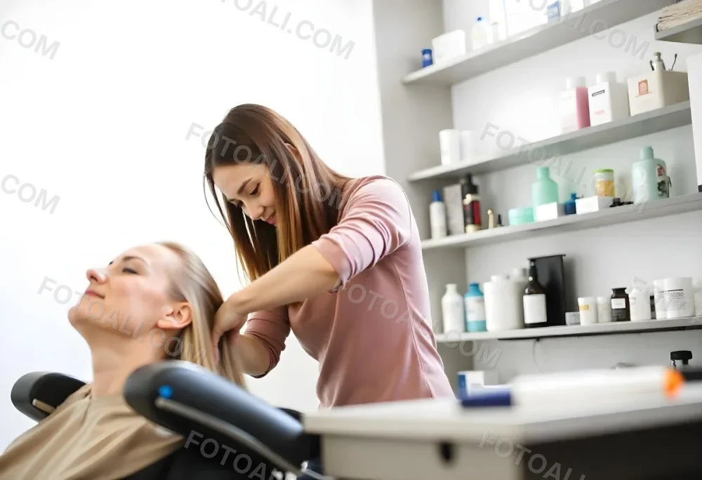 A Young Caucasian Woman With Long Brown Hair In A Pink Shirt Styling The Hair Of A Young Girl With Short Brown Hair In A Salon Setting 5 F214