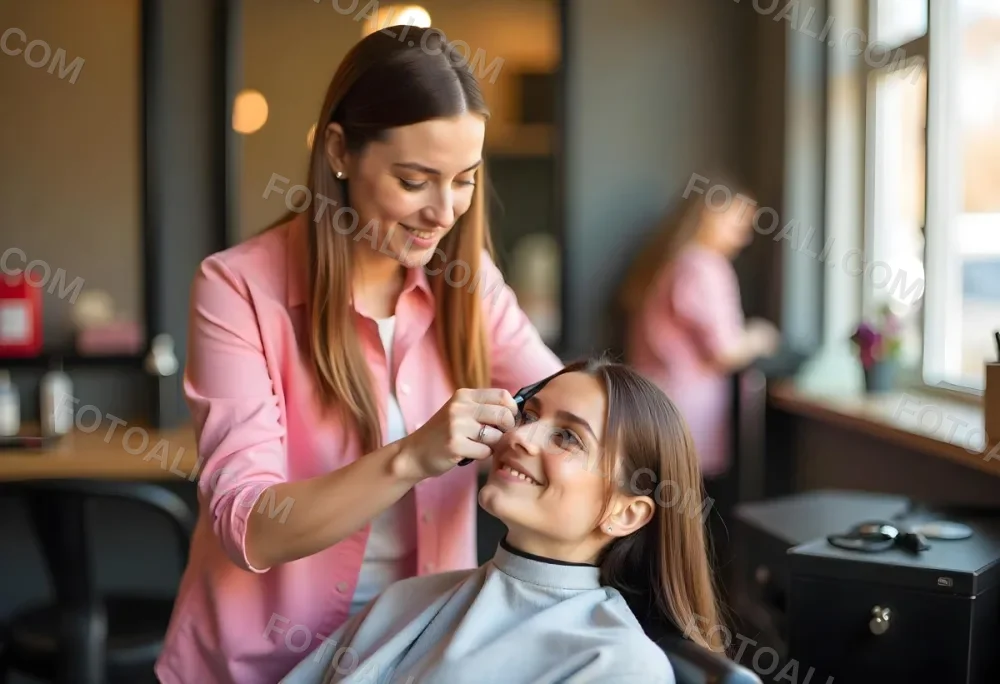 A Young Caucasian Woman With Long Brown Hair In A Pink Shirt Styling The Hair Of A Young Girl With Short Brown Hair In A Salon Setting 7 6b6a