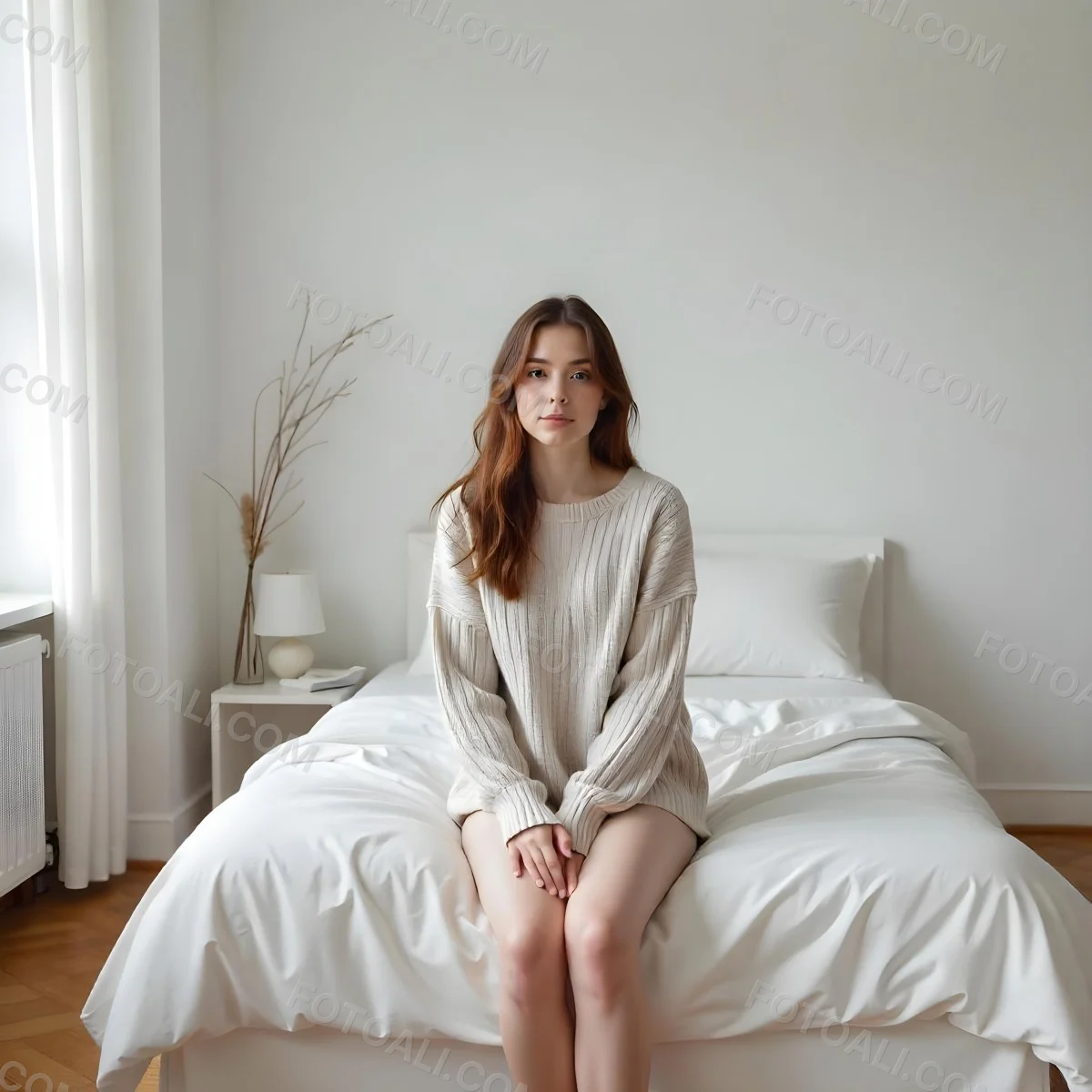 A Young Caucasian Woman With Long Brown Hair Sitting On A Bed 17 A2e7