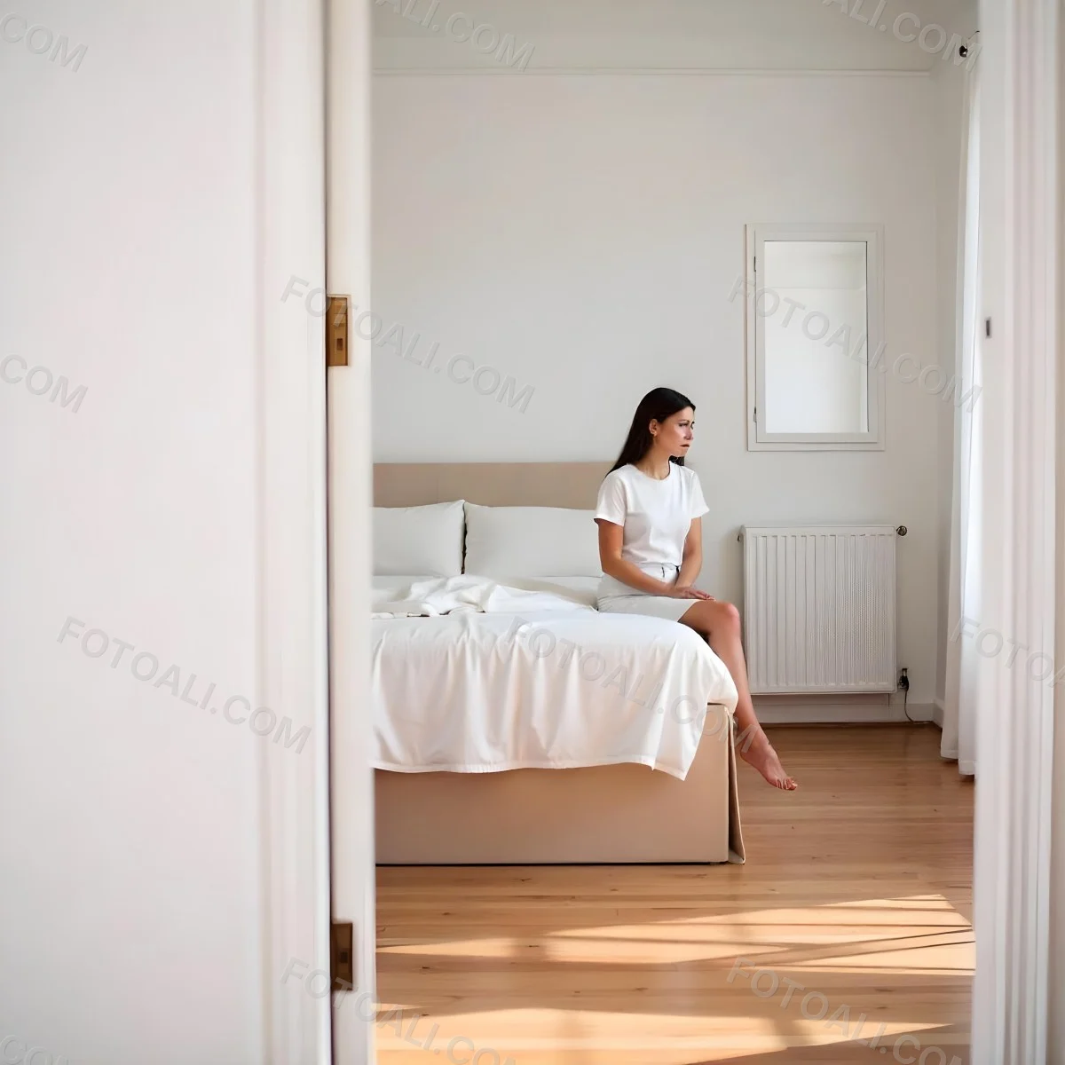 A Young Caucasian Woman With Long Brown Hair Sitting On A Bed 19 C14b