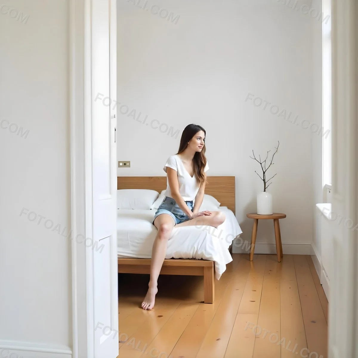 A Young Caucasian Woman With Long Brown Hair Sitting On A Bed 21 43b4
