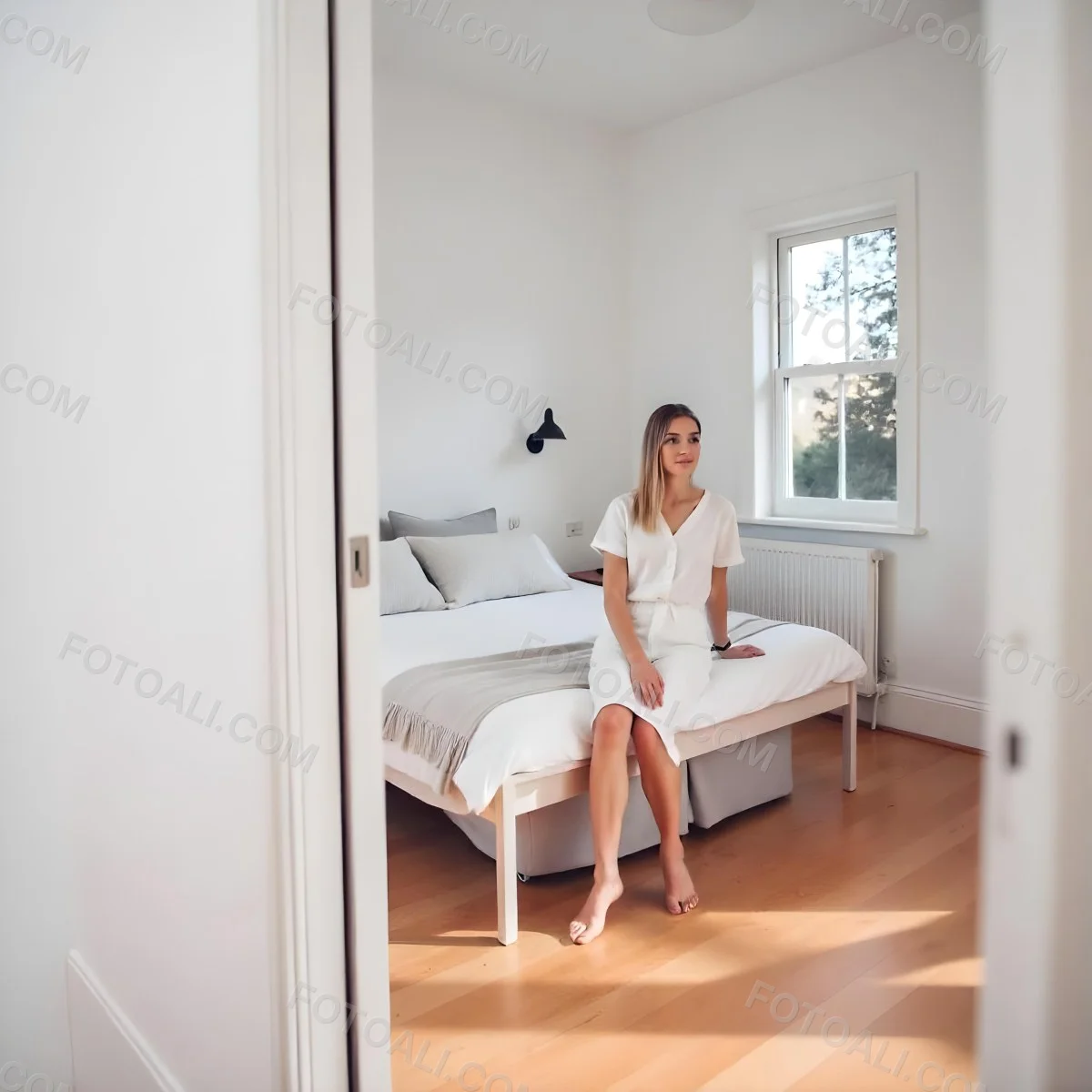 A Young Caucasian Woman With Long Brown Hair Sitting On A Bed 26 6a6c
