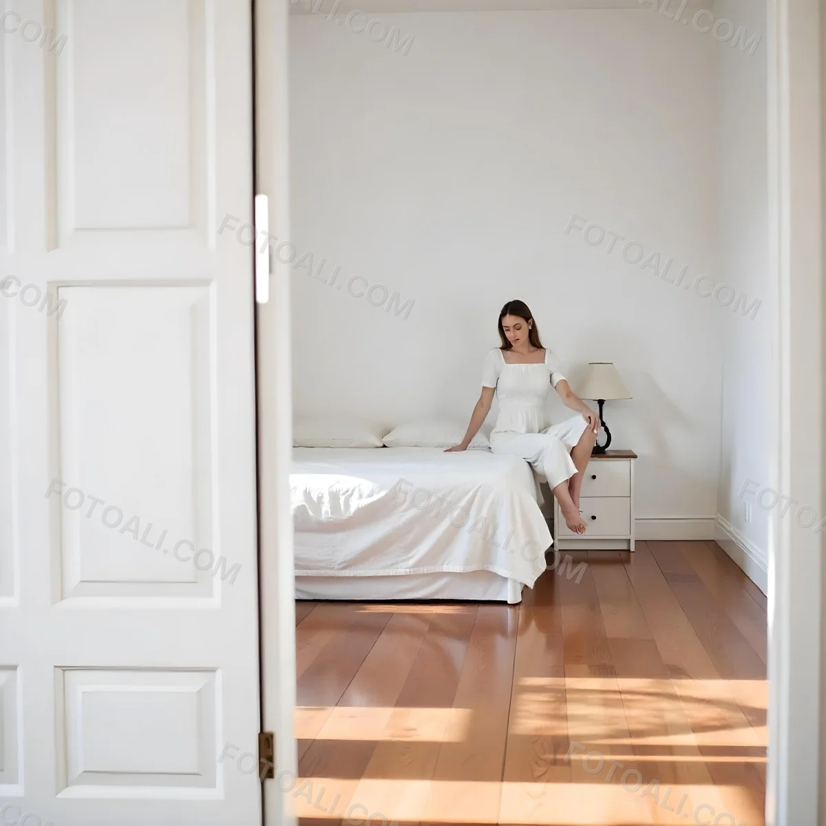 A Young Caucasian Woman With Long Brown Hair Sitting On A Bed 6 2aeb