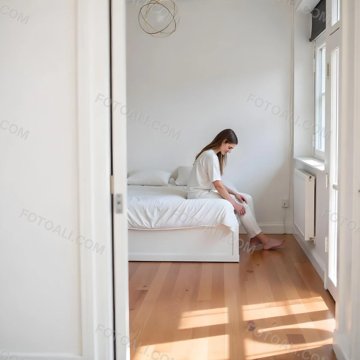 A Young Caucasian Woman With Long Brown Hair Sitting On A Bed 8 820d