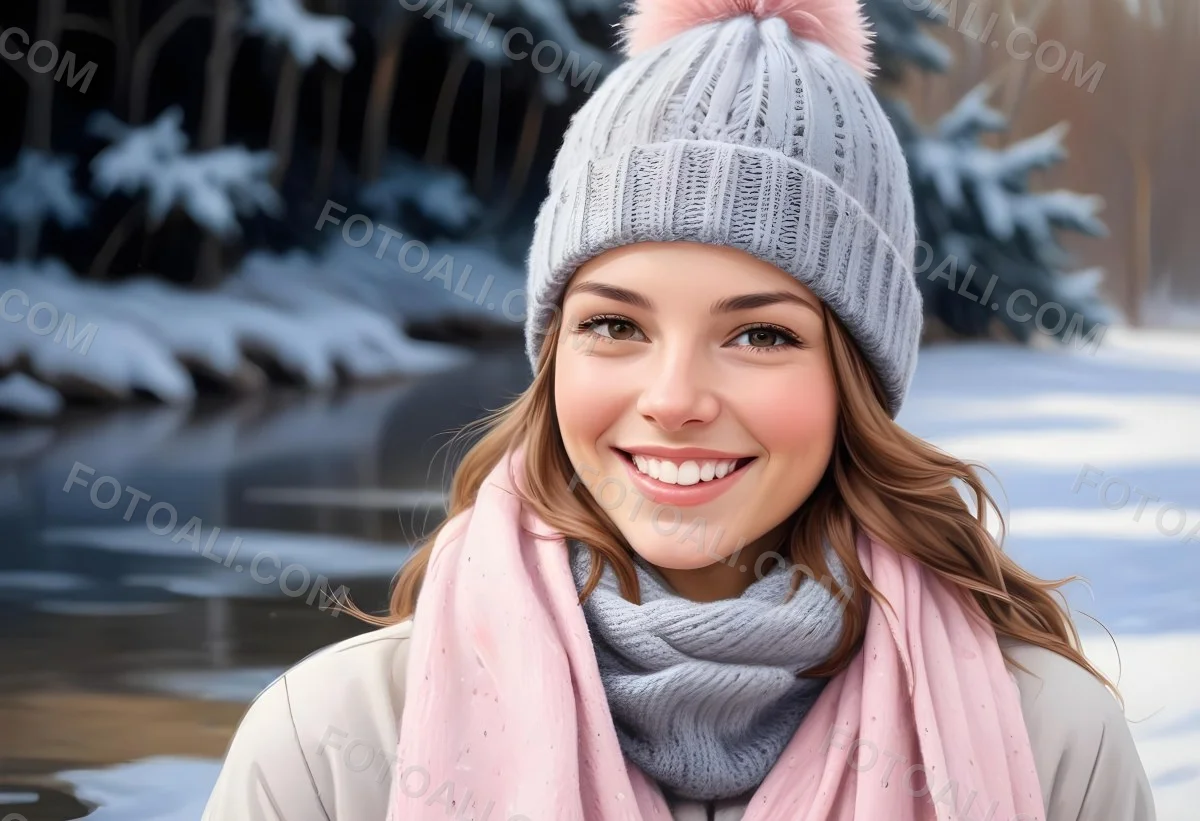 A Young Caucasian Woman With Long Brown Hair Wearing A Gray Knit Hat And A Light Pink Scarf Smiling And Looking At The Camera In A Snowy Outdoor Setting 10 38e7