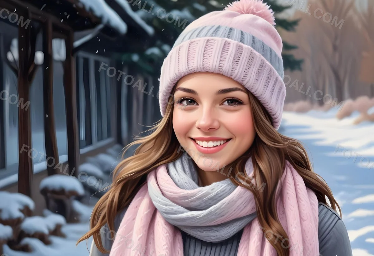 A Young Caucasian Woman With Long Brown Hair Wearing A Gray Knit Hat And A Light Pink Scarf Smiling And Looking At The Camera In A Snowy Outdoor Setting 11 439a