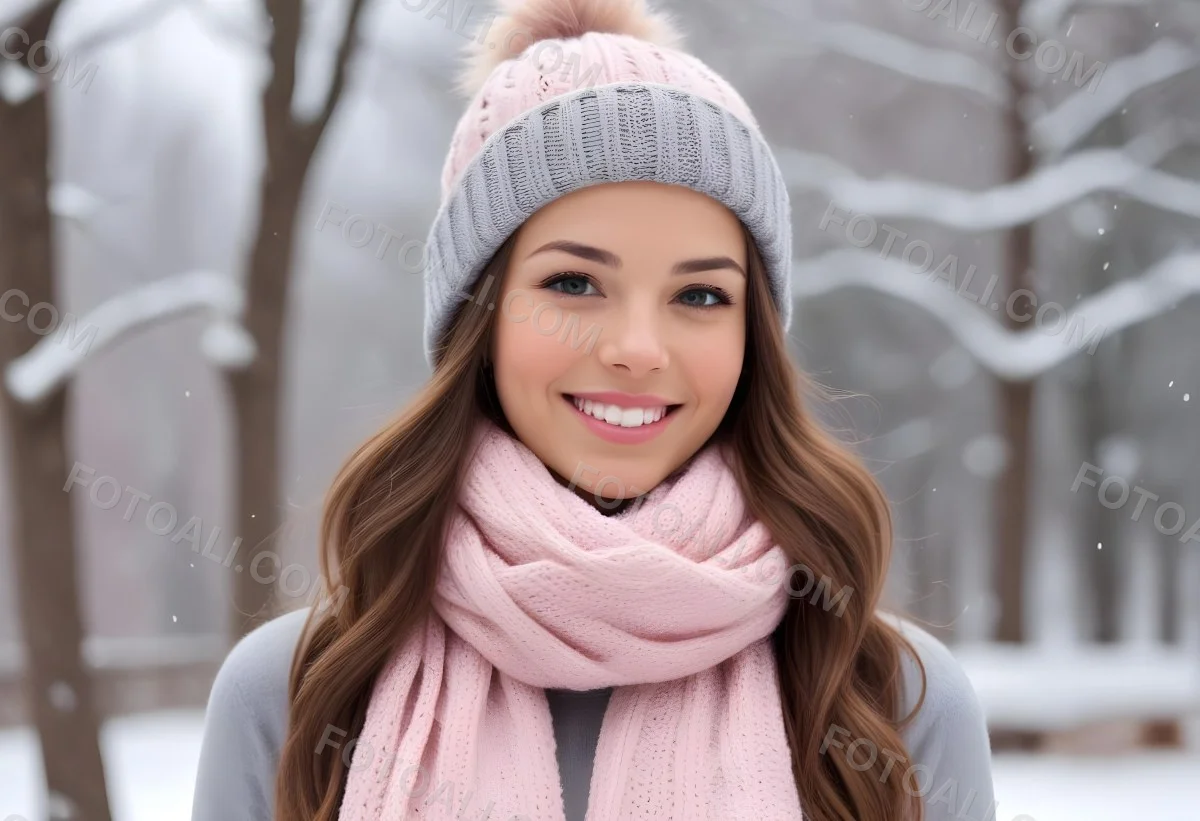 A Young Caucasian Woman With Long Brown Hair Wearing A Gray Knit Hat And A Light Pink Scarf Smiling And Looking At The Camera In A Snowy Outdoor Setting 12 2d94